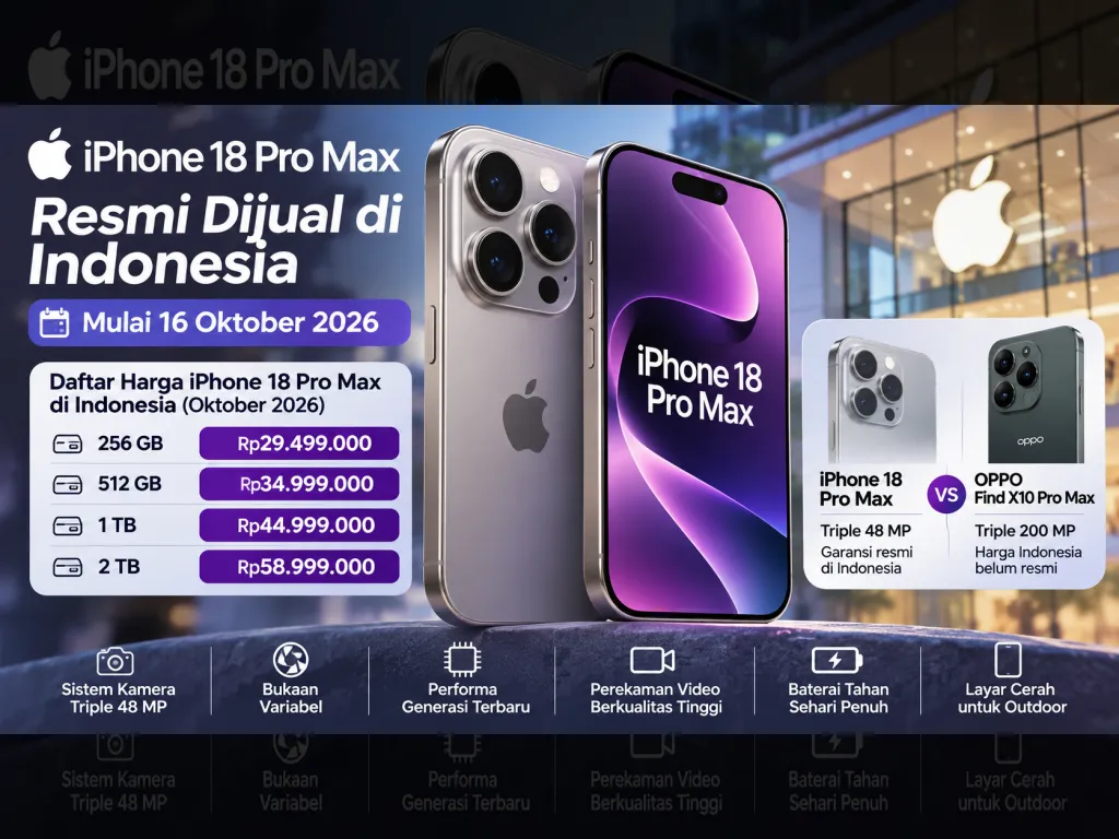 iPhone 18 Pro Max Resmi Dijual di Indonesia Mulai 16 Oktober 2026: Harga, Spesifikasi Kamera 48 MP, dan Konfigurasi Penyimpanan}